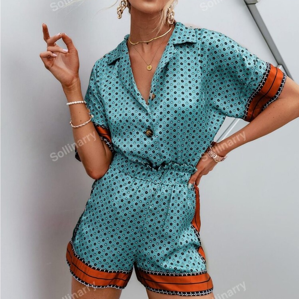 Blue And Brown Patterned Silky Set - image 1